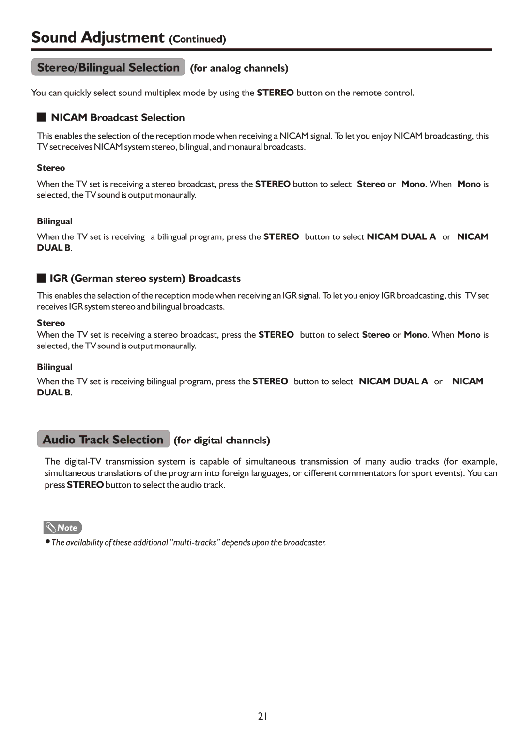 Palsonic TFTV490PWHD, TFTV490HD Stereo/Bilingual Selection for analog channels, Audio Track Selection for digital channels 