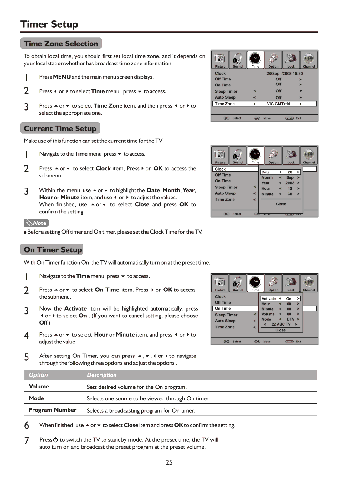 Palsonic TFTV490PWHD, TFTV490HD manual Time Zone Selection, Current Time Setup, On Timer Setup 