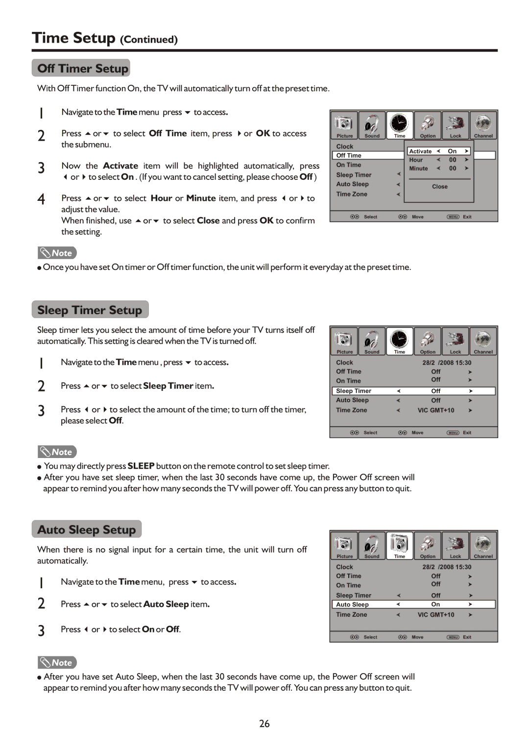 Palsonic TFTV490HD, TFTV490PWHD manual Time Setup, Off Timer Setup, Sleep Timer Setup, Auto Sleep Setup 