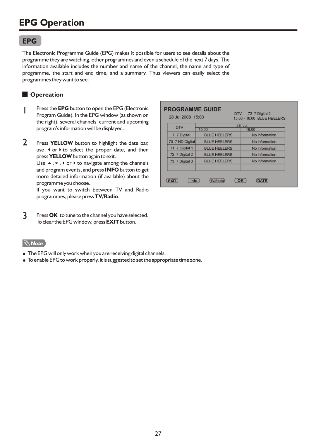 Palsonic TFTV490PWHD, TFTV490HD manual EPG Operation, Opereation 