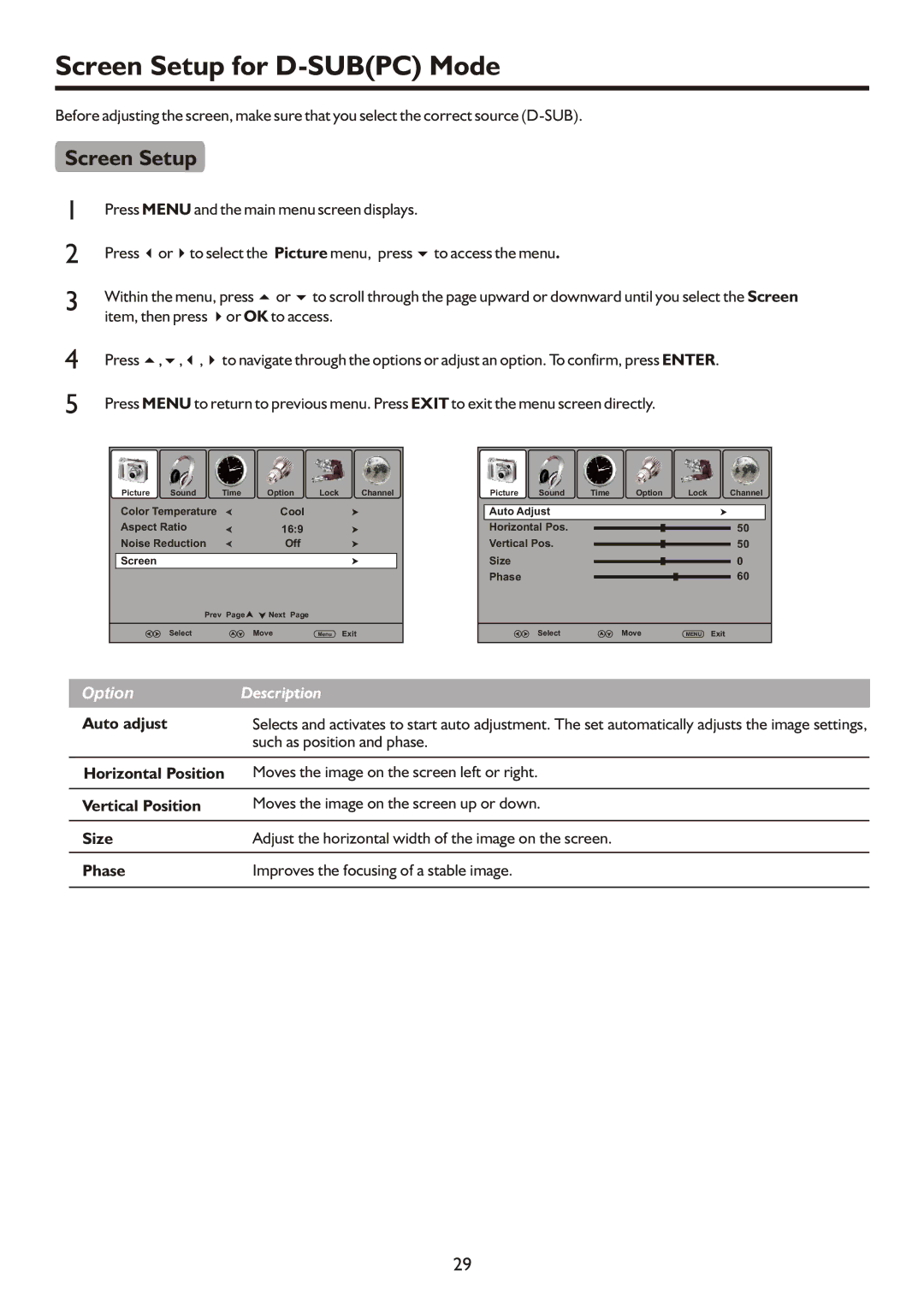 Palsonic TFTV490PWHD, TFTV490HD manual Screen Setup for D-SUBPC Mode, Item, then press 4or OK to access, Auto adjust 