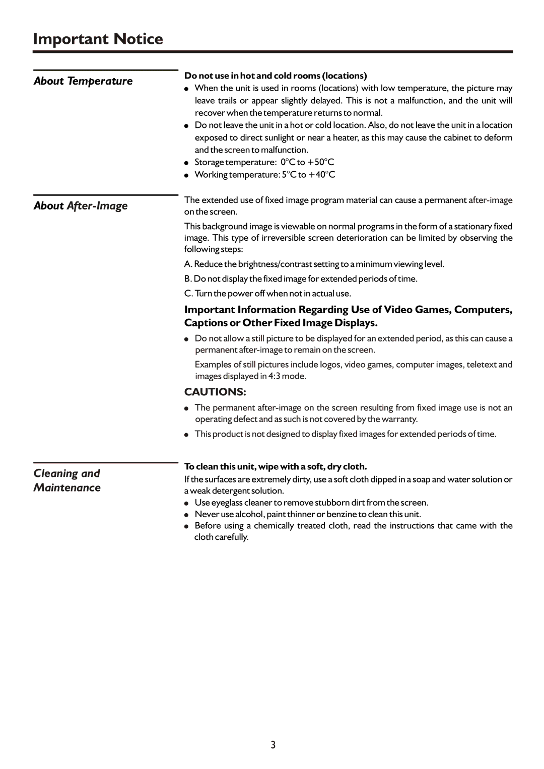 Palsonic TFTV490PWHD, TFTV490HD manual Important Notice, About After-Image Cleaning Maintenance 