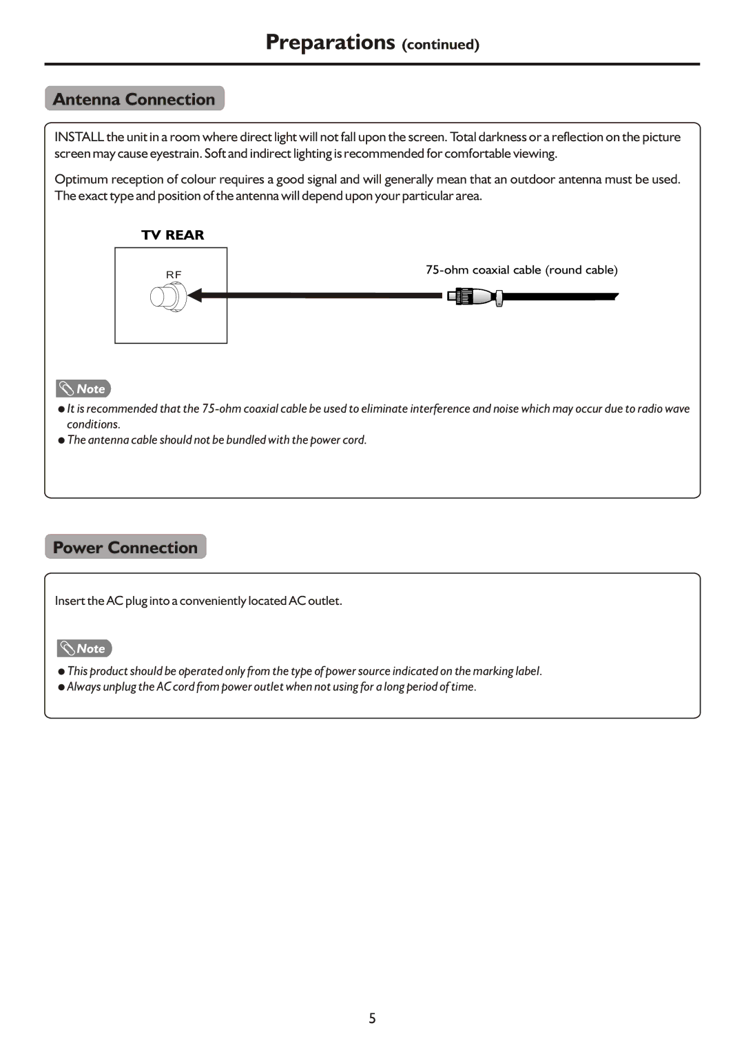 Palsonic TFTV490PWHD manual Antenna Connection, Power Connection, Insert the AC plug into a conveniently located AC outlet 