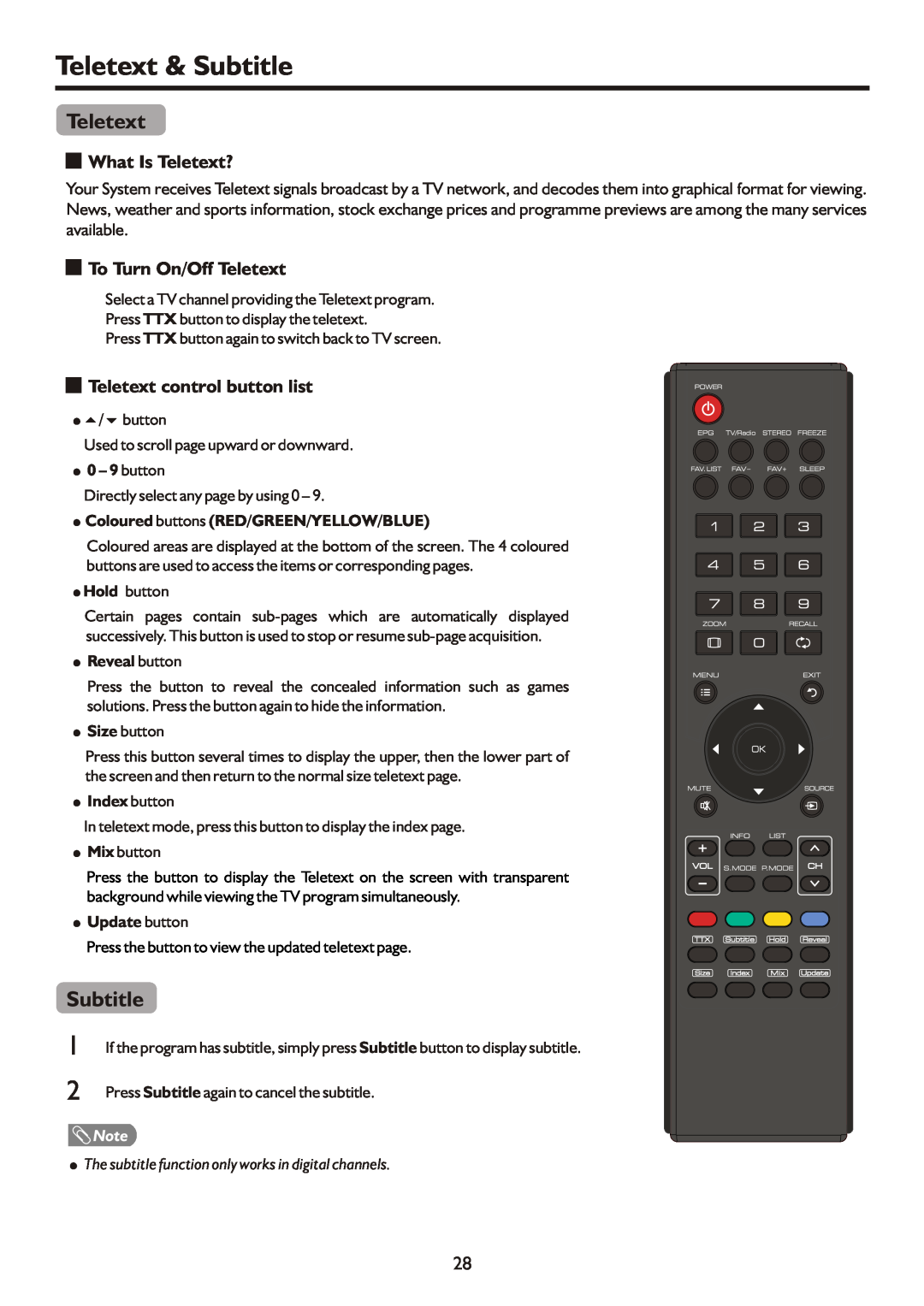 Palsonic TFTV490HD manual Teletext & Subtitle, What Is Teletext?, To Turn On/Off Teletext, Teletext control button list 