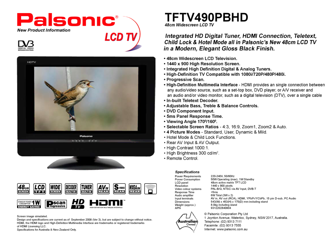 Palsonic TFTV490PBHD specifications New Product Information, Specifications 