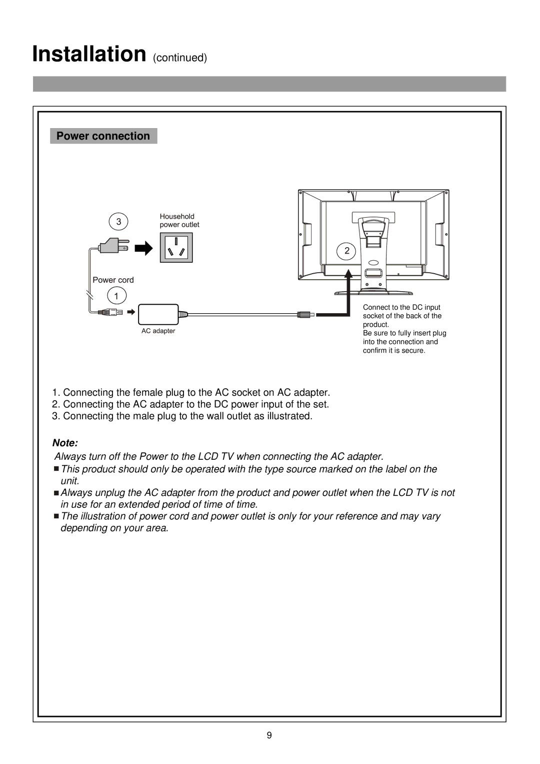 Palsonic TFTV515 owner manual Power connection 