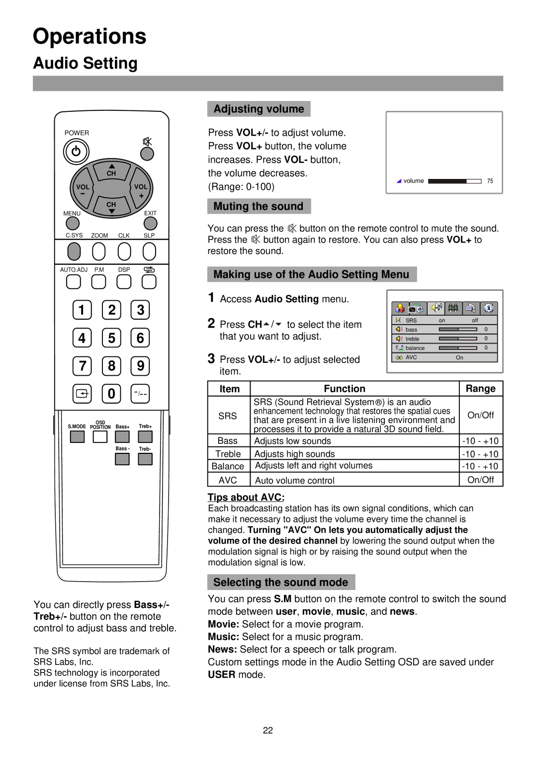 Palsonic TFTV515 Adjusting volume, Muting the sound, Making use of the Audio Setting Menu, Selecting the sound mode 