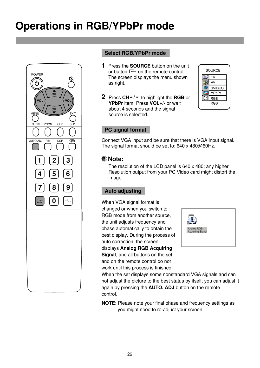 Palsonic TFTV515 owner manual Operations in RGB/YPbPr mode, Select RGB/YPbPr mode, PC signal format, Auto adjusting 