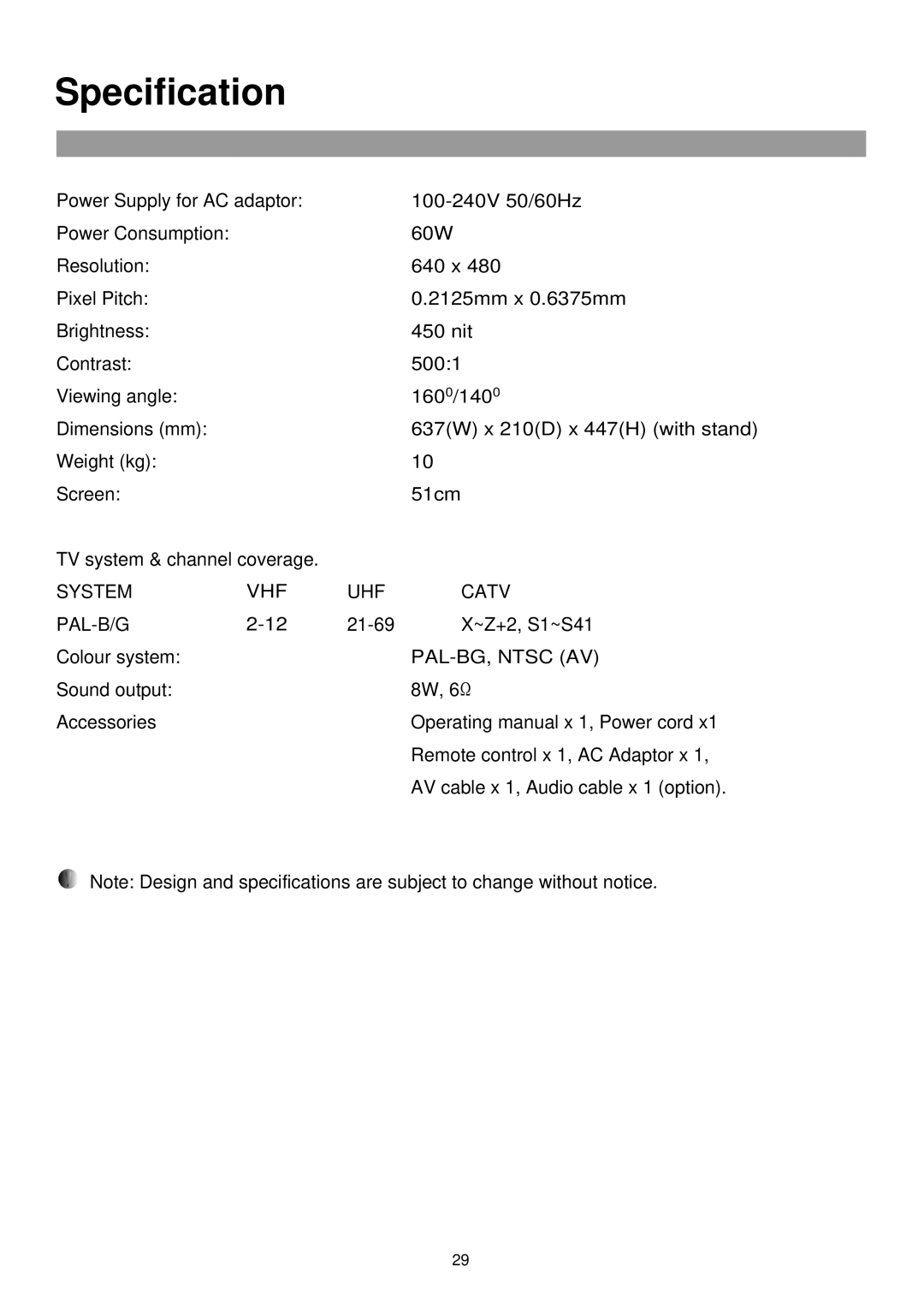 Palsonic TFTV515 owner manual Specification, PAL-BG, Ntsc AV 