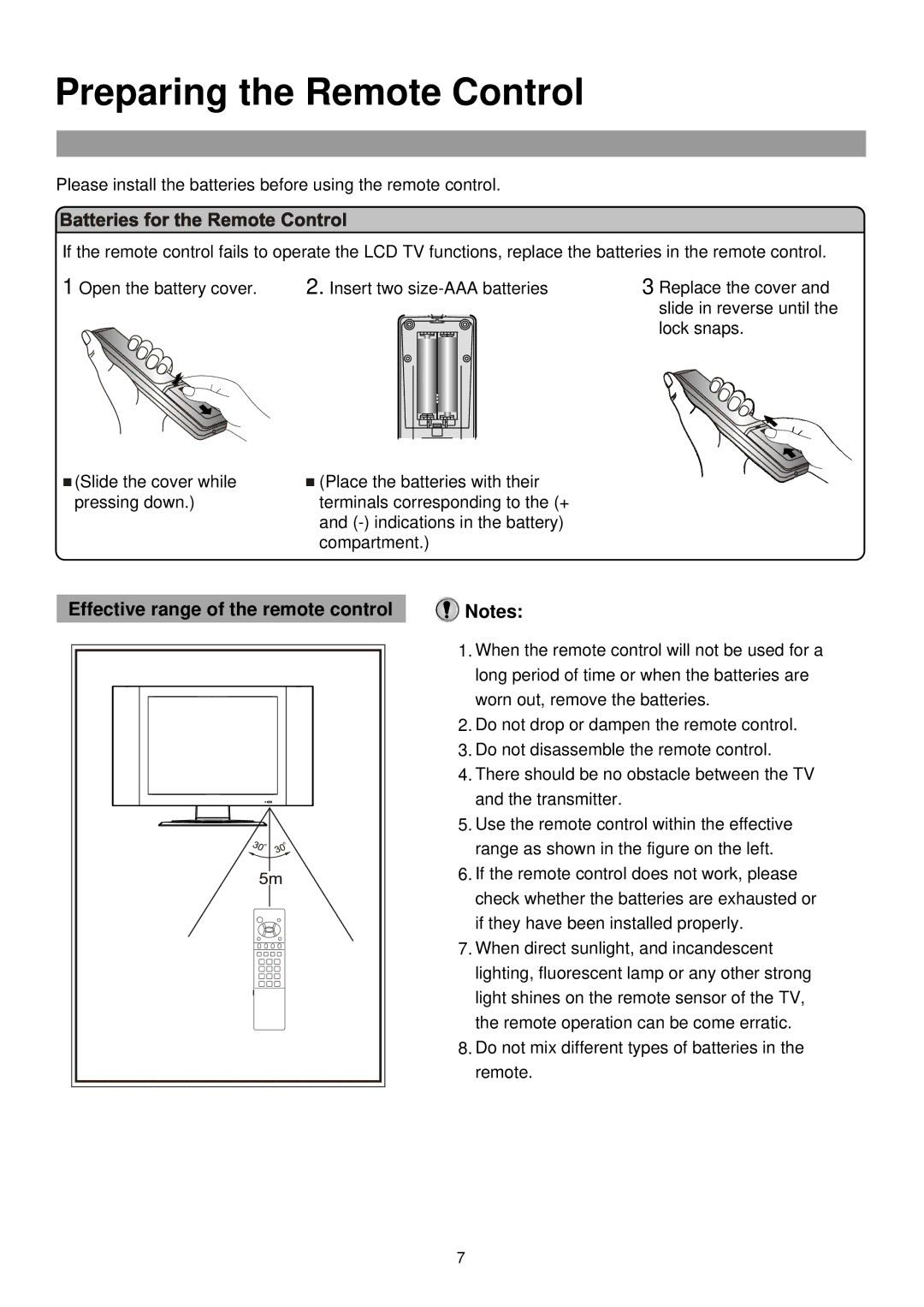 Palsonic TFTV515 owner manual Preparing the Remote Control, Effective range of the remote control 