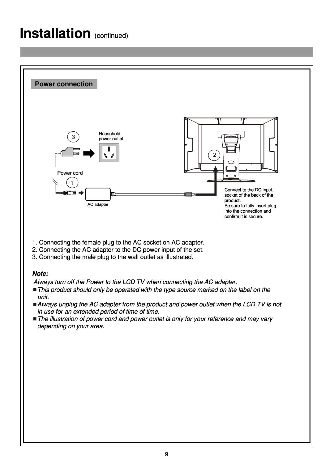 Palsonic TFTV515 owner manual Installation continued, Power connection 