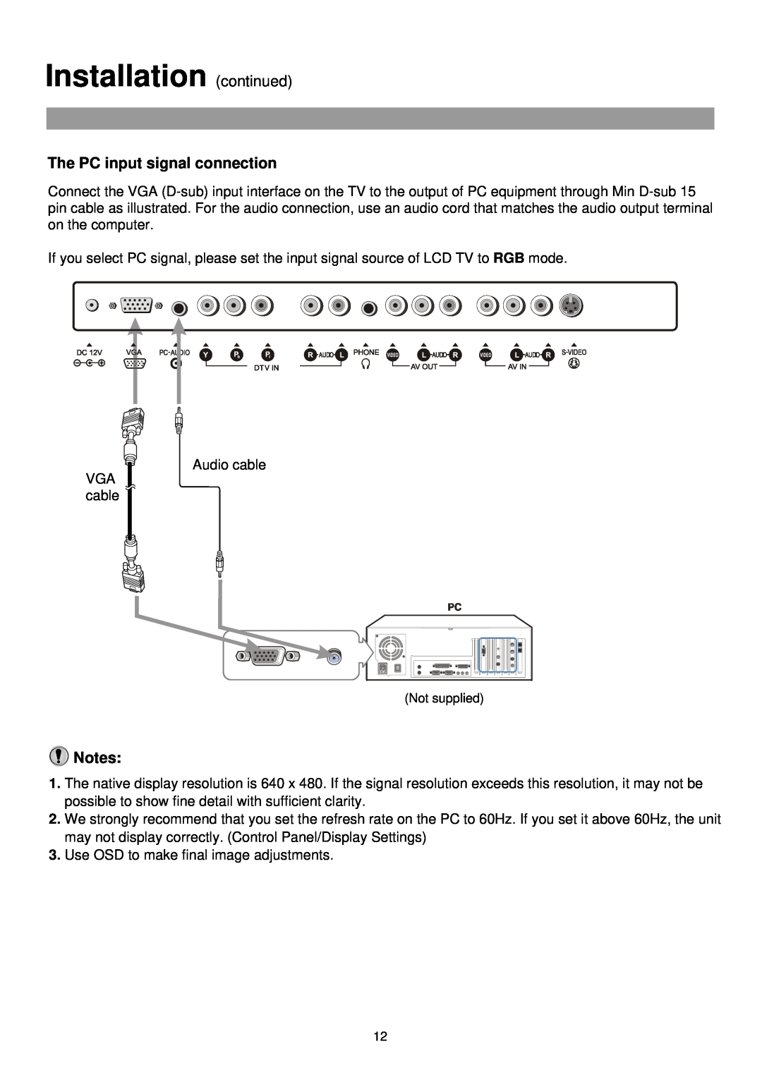 Palsonic TFTV515 owner manual Installation continued, The PC input signal connection 