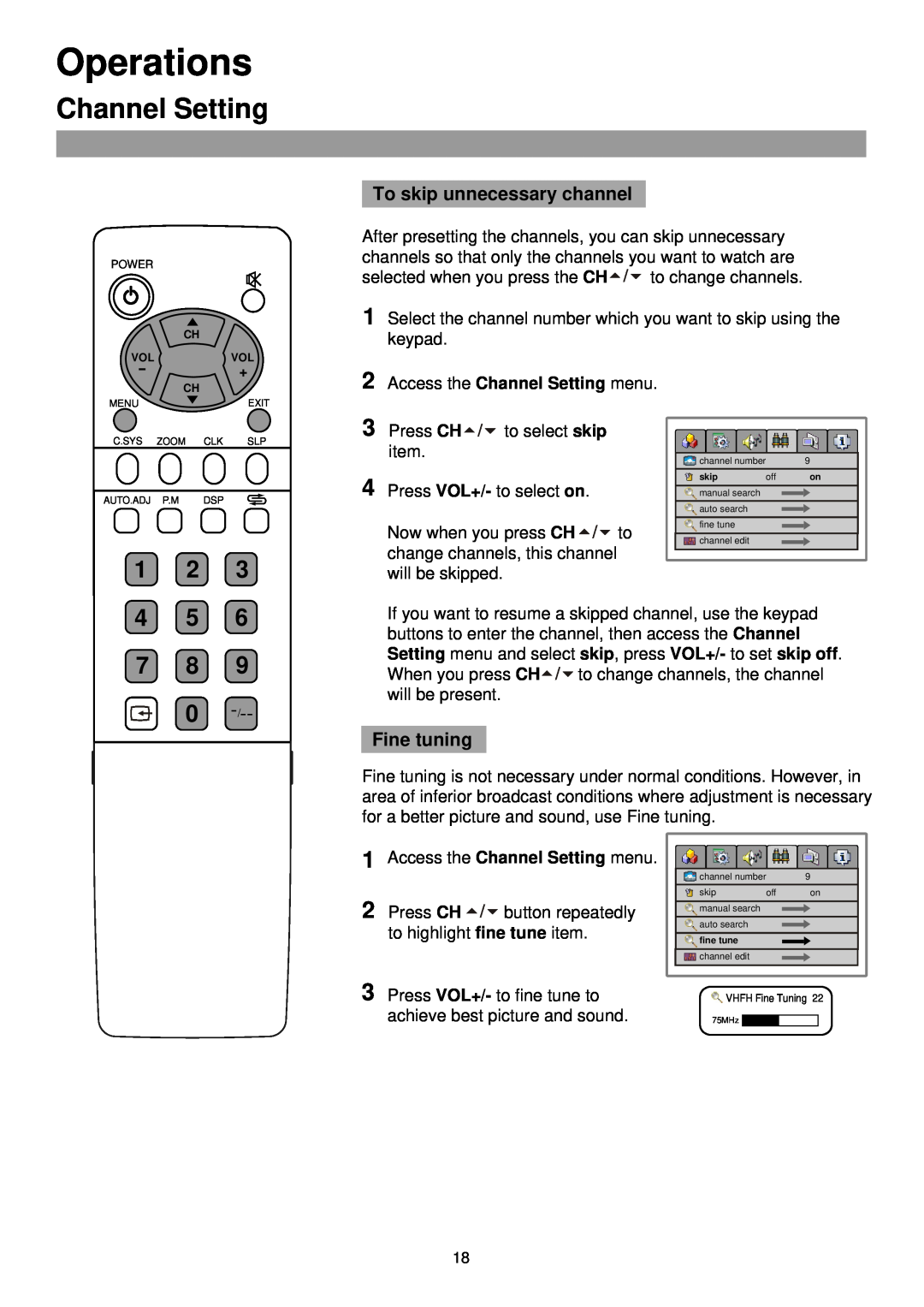 Palsonic TFTV515 owner manual 4 5 7 8, Operations, Channel Setting, To skip unnecessary channel, Fine tuning 
