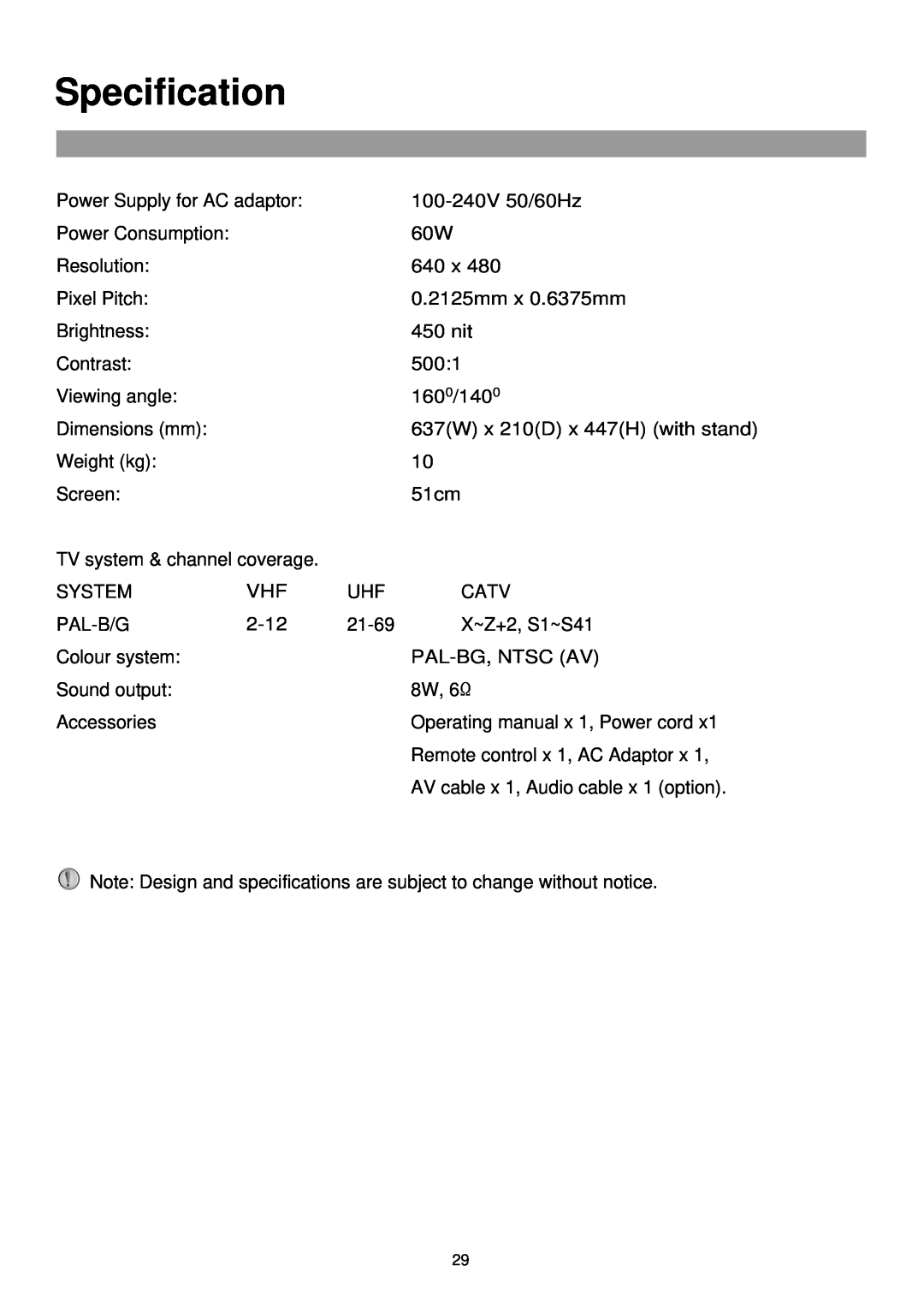 Palsonic TFTV515 owner manual Specification 