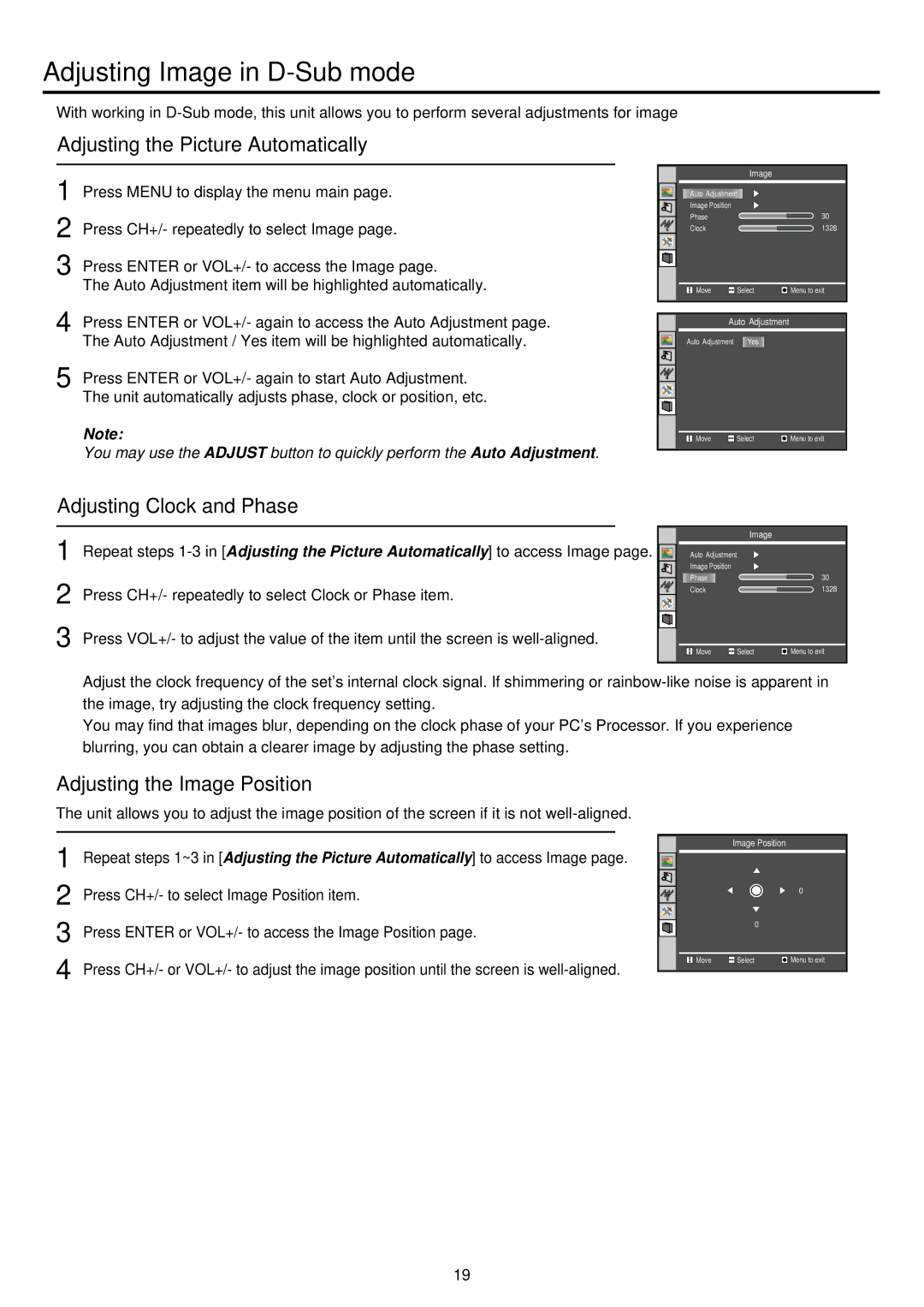 Palsonic TFTV525WS Adjusting Image in D-Sub mode, Adjusting the Picture Automatically, Adjusting Clock and Phase 