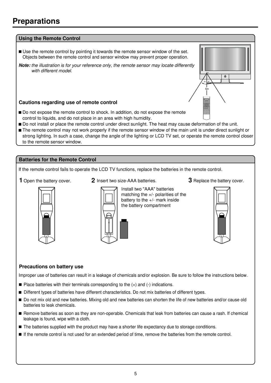 Palsonic TFTV525WS Preparations, Using the Remote Control, Batteries for the Remote Control, Precautions on battery use 