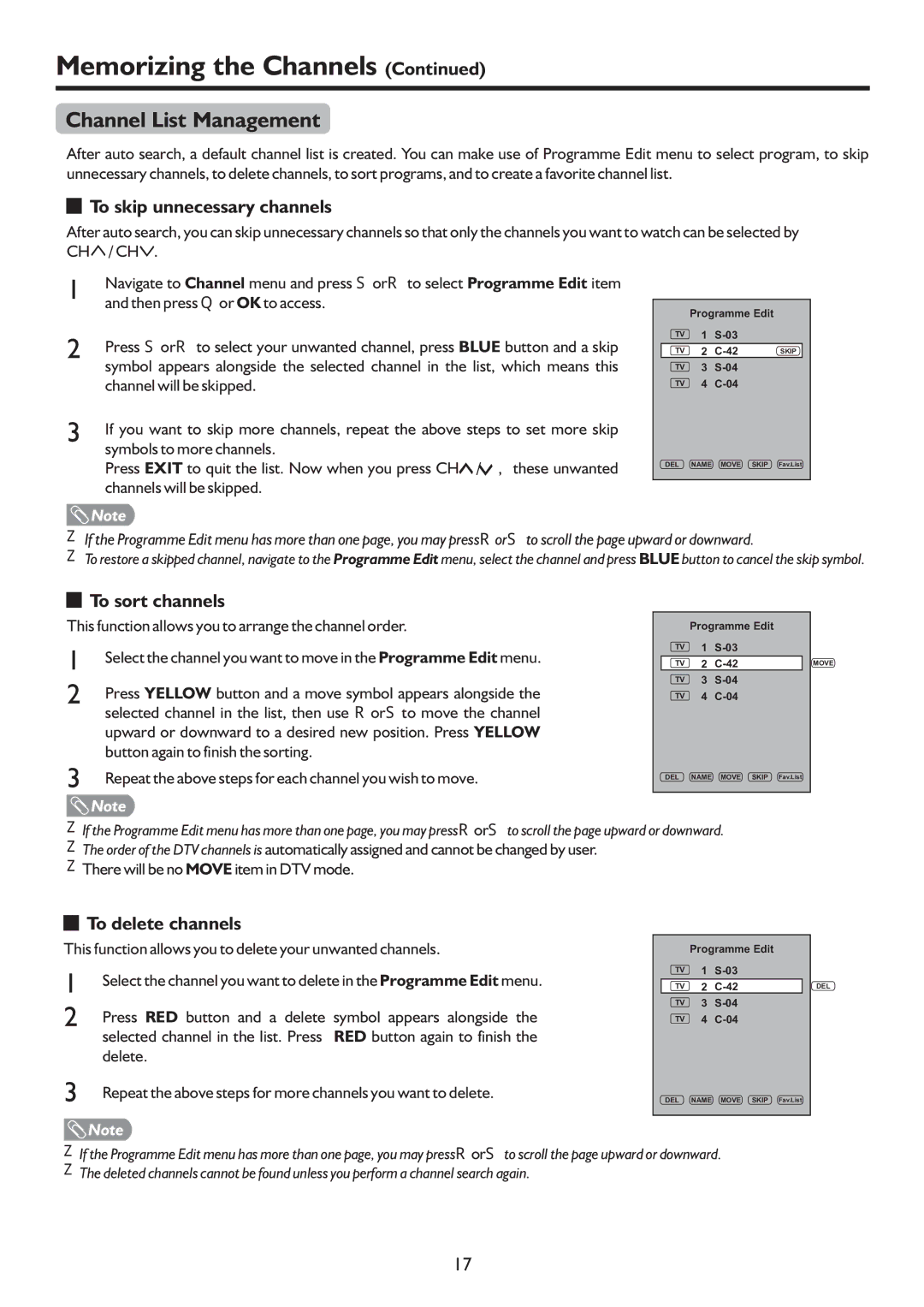 Palsonic TFTV551FHD Channel List Management, To skip unnecessary channels, To sort channels, To delete channels 