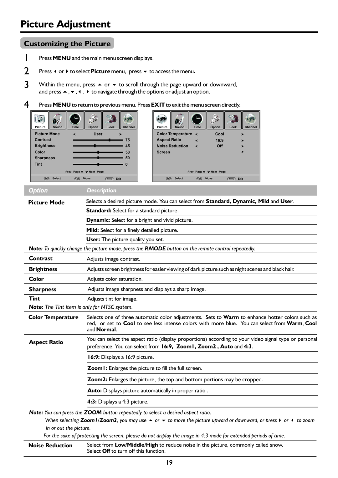 Palsonic TFTV551FHD owner manual Picture Adjustment, Customizing the Picture 