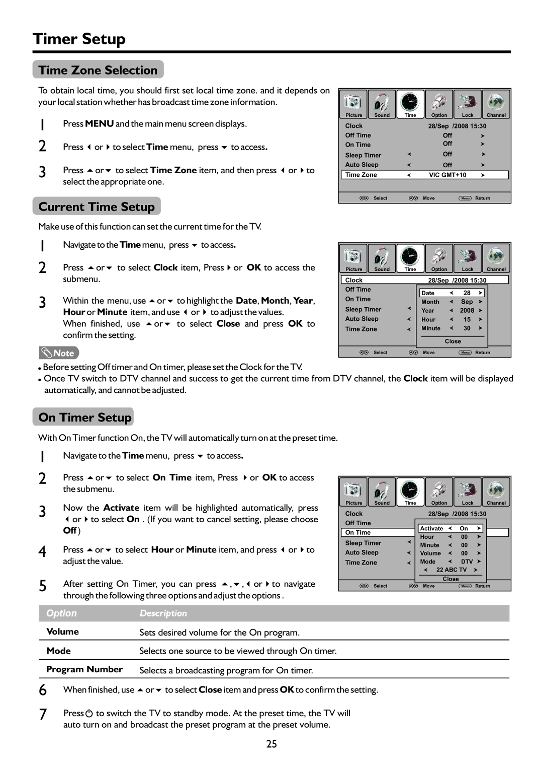 Palsonic TFTV552LED owner manual Time Zone Selection, Current Time Setup, On Timer Setup, Off 