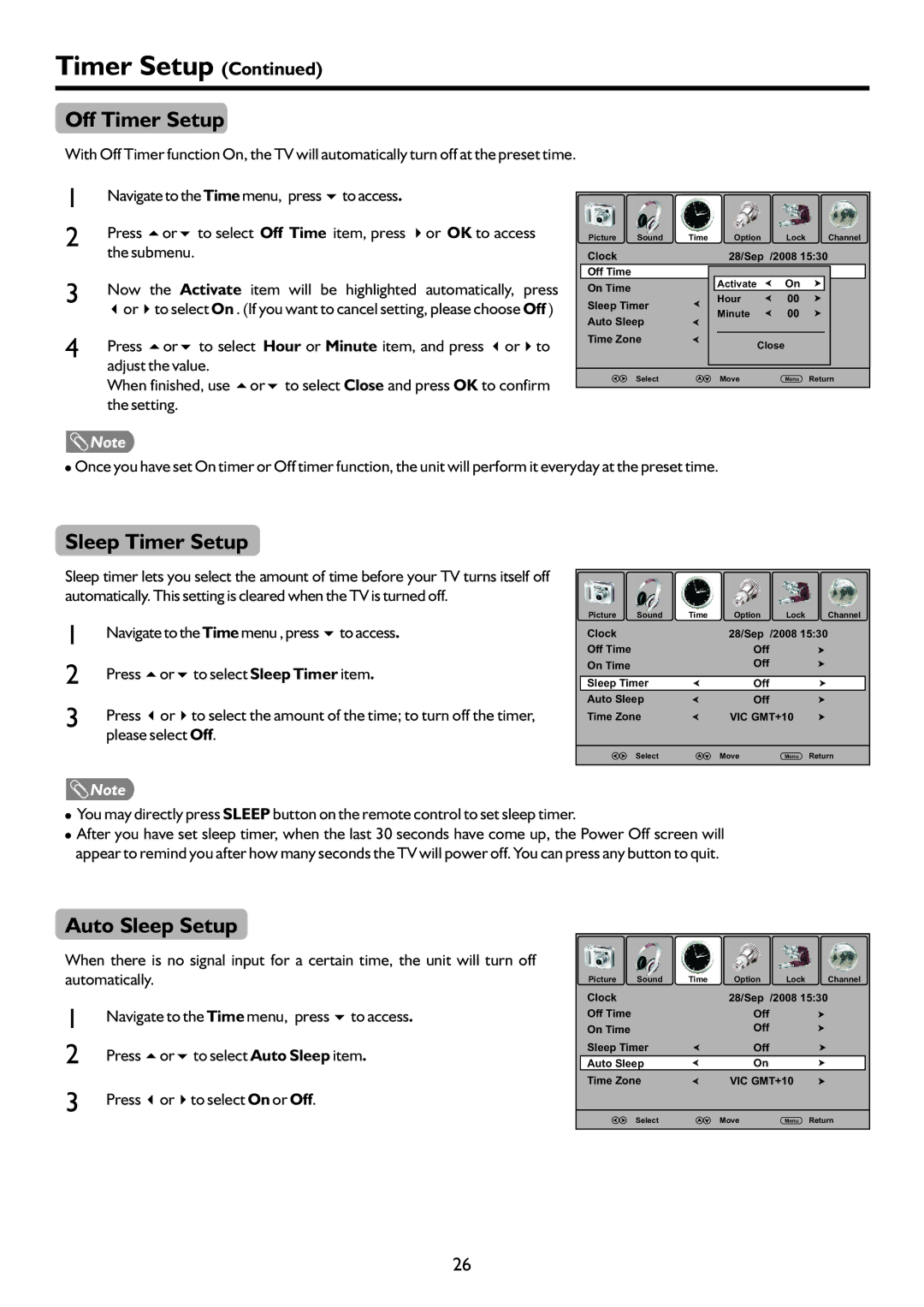 Palsonic TFTV552LED owner manual Off Timer Setup, Sleep Timer Setup, Auto Sleep Setup 