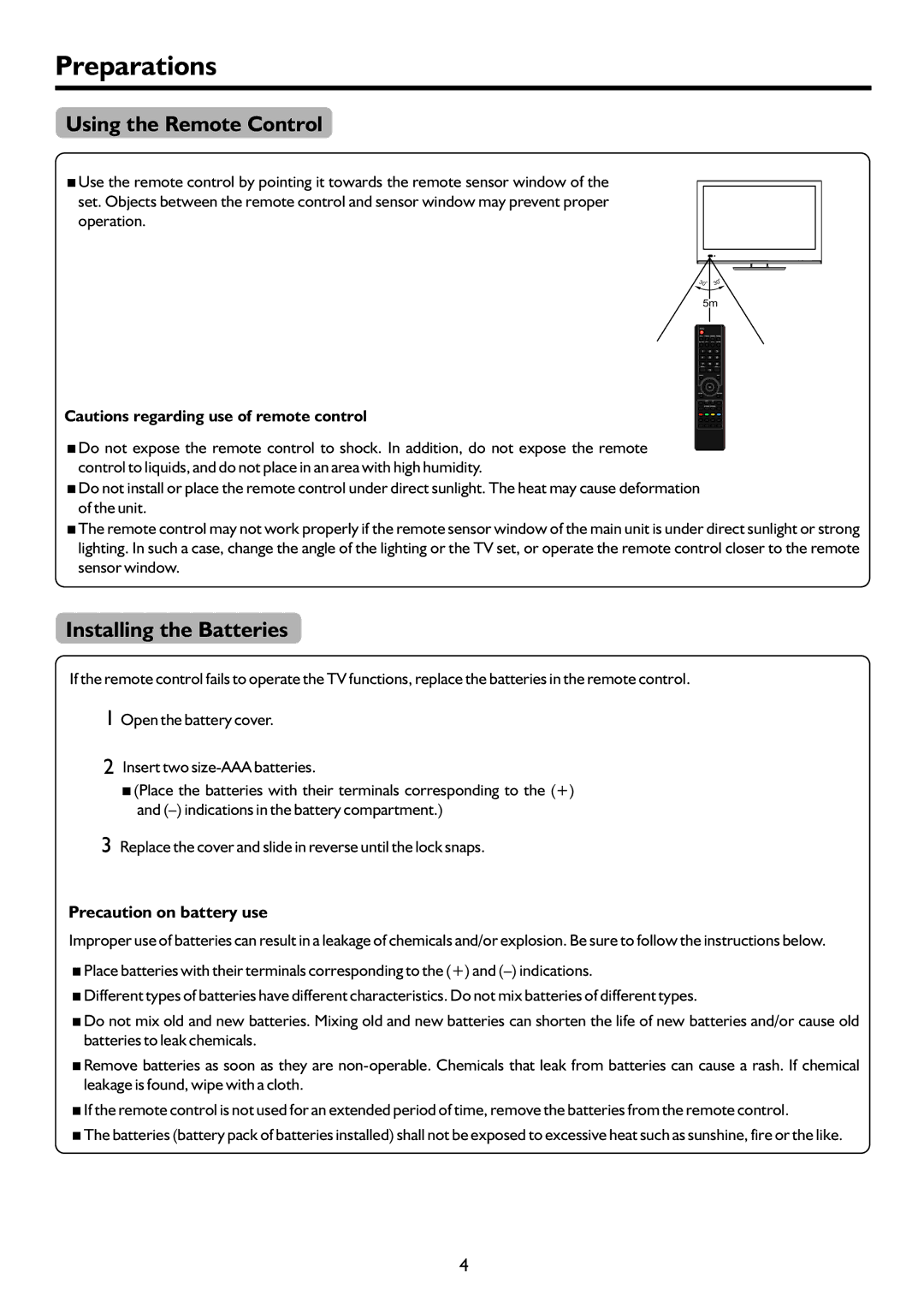 Palsonic TFTV552LED owner manual Preparations, Using the Remote Control, Installing the Batteries 