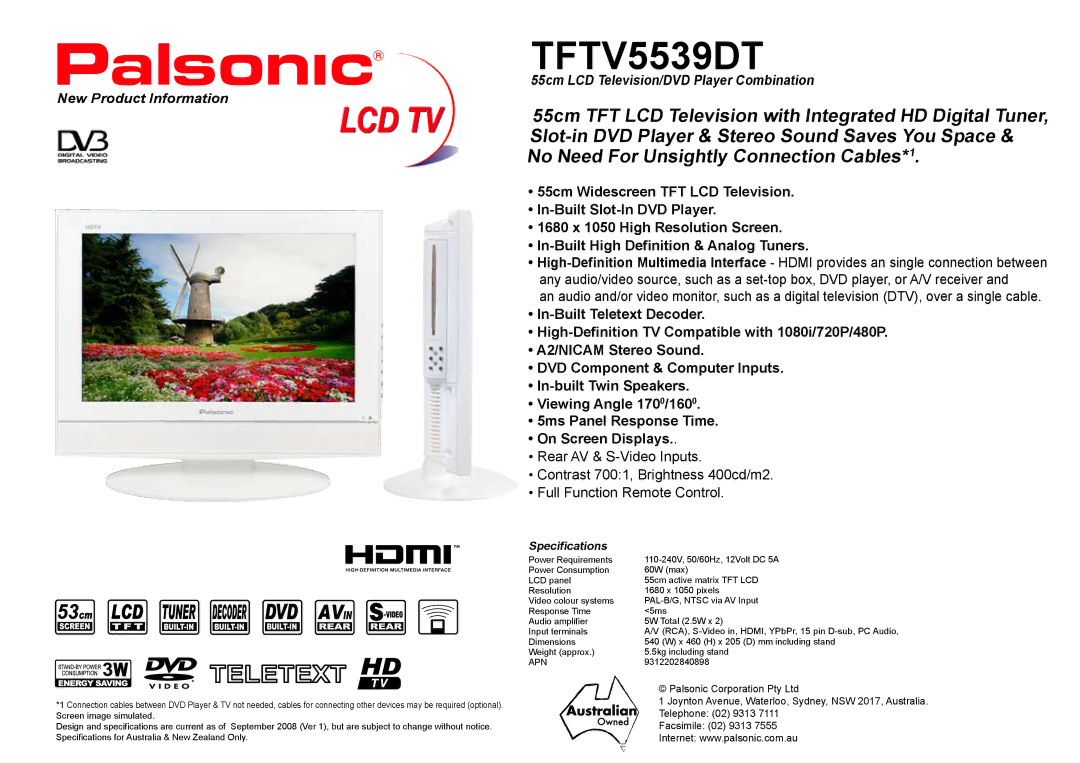 Palsonic TFTV5539DT specifications Specifications 