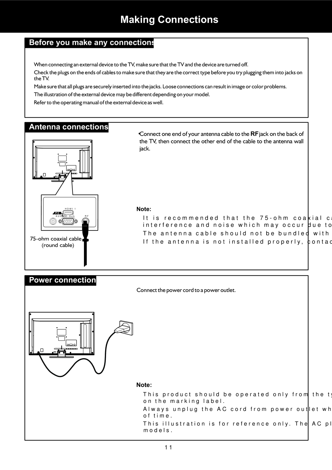 Palsonic TFTV553LEDR Making Connections, Before you make any connections, Power connection, Antenna connections 