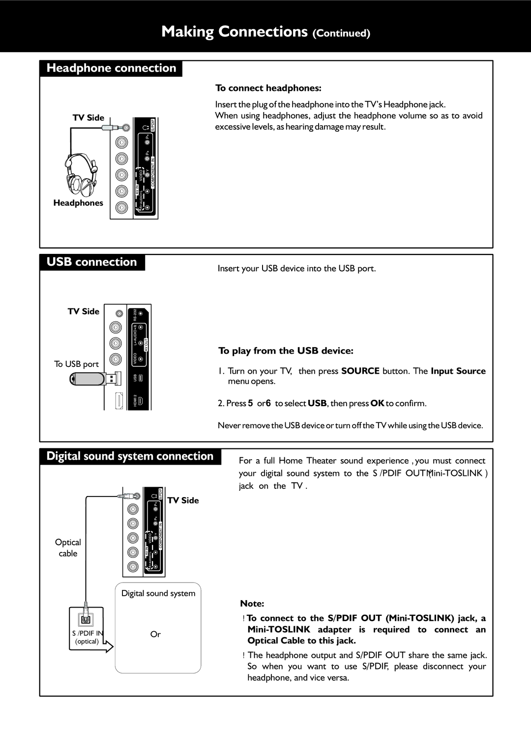 Palsonic TFTV553LEDR owner manual Headphone connection, USB connection, To connect headphones, To play from the USB device 