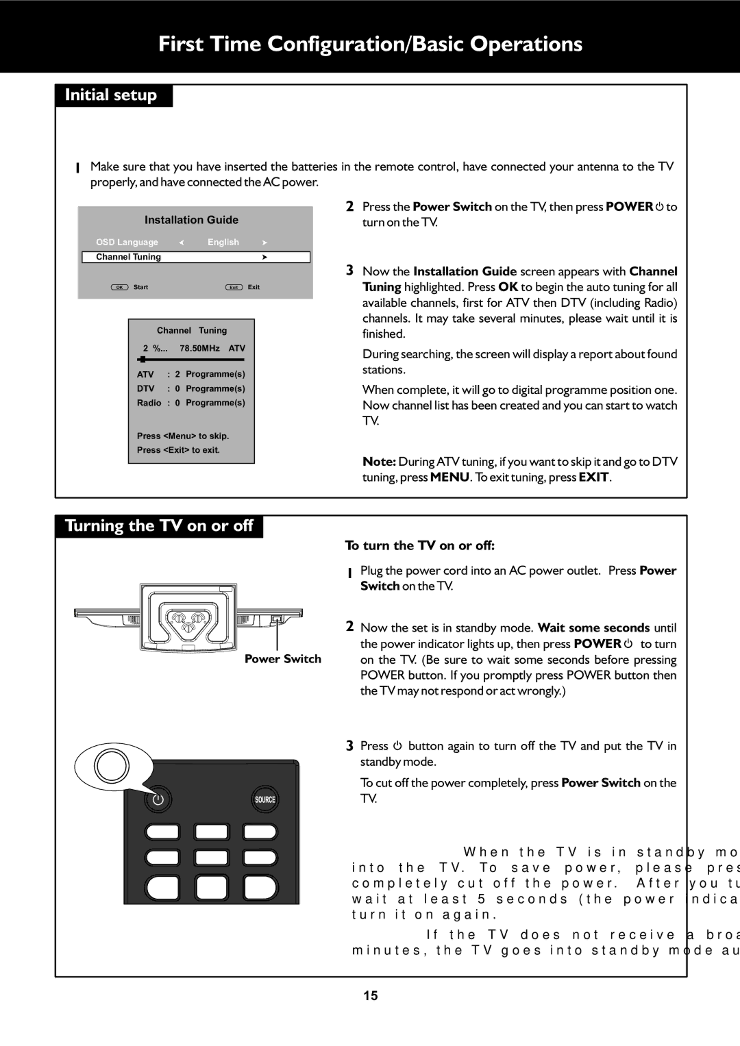 Palsonic TFTV553LEDR owner manual First Time Configuration/Basic Operations, Initial setup, Turning the TV on or off 