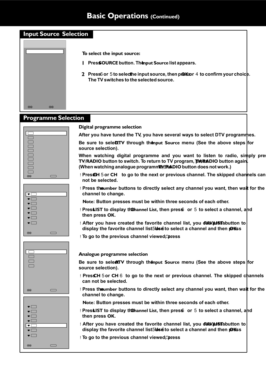 Palsonic TFTV553LEDR owner manual Basic Operations, Input Source Selection, Programme Selection 