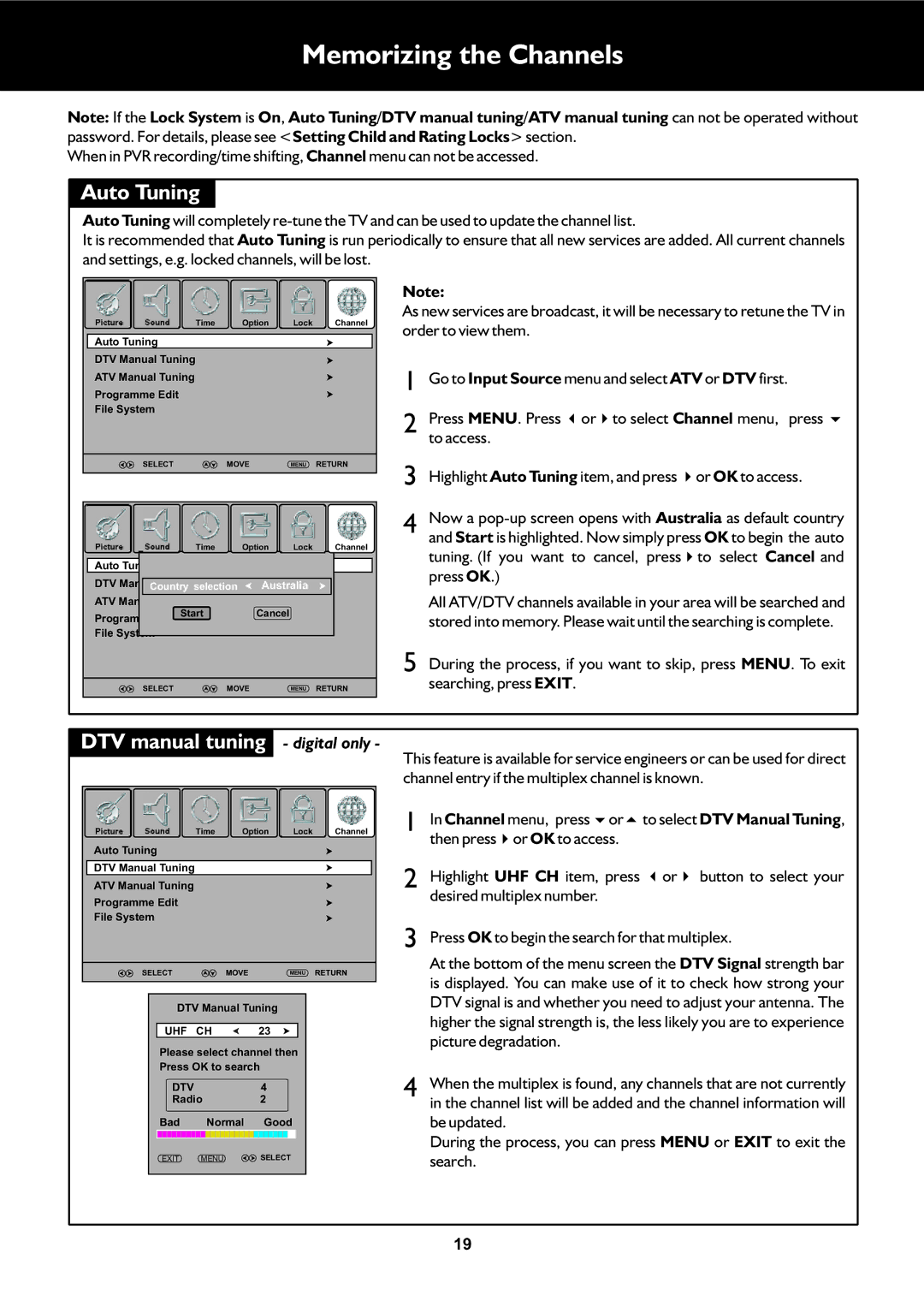 Palsonic TFTV553LEDR owner manual Memorizing the Channels, Auto Tuning, DTV manual tuning digital only 