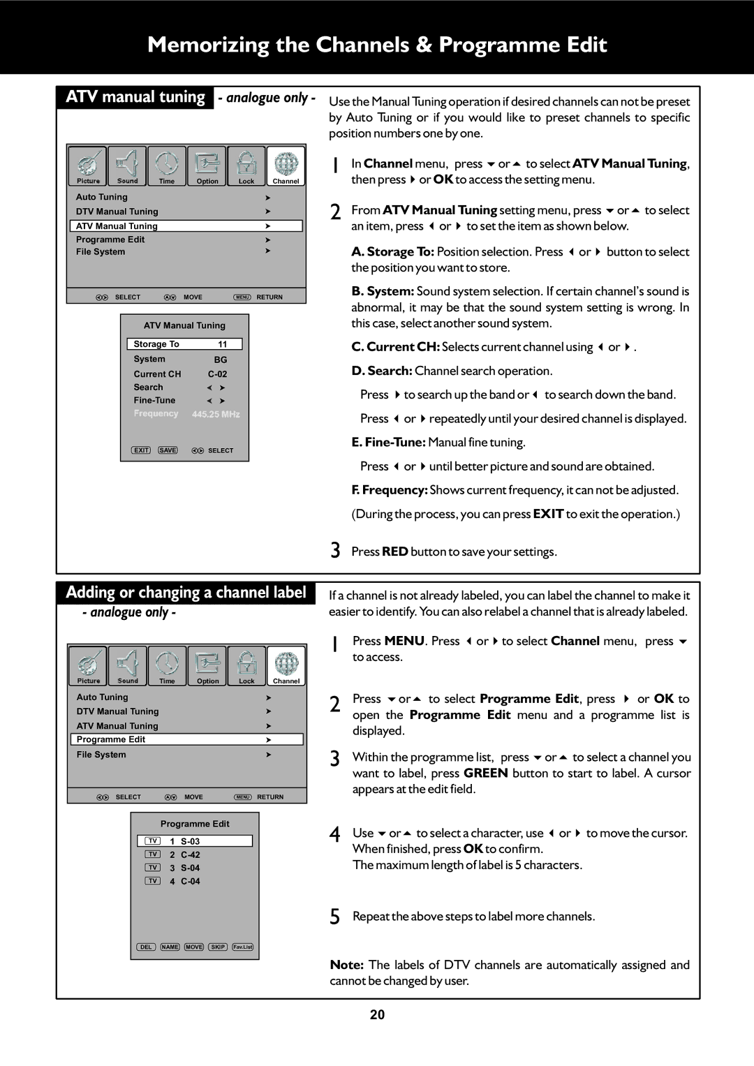 Palsonic TFTV553LEDR Memorizing the Channels & Programme Edit, ATV manual tuning, Adding or changing a channel label 