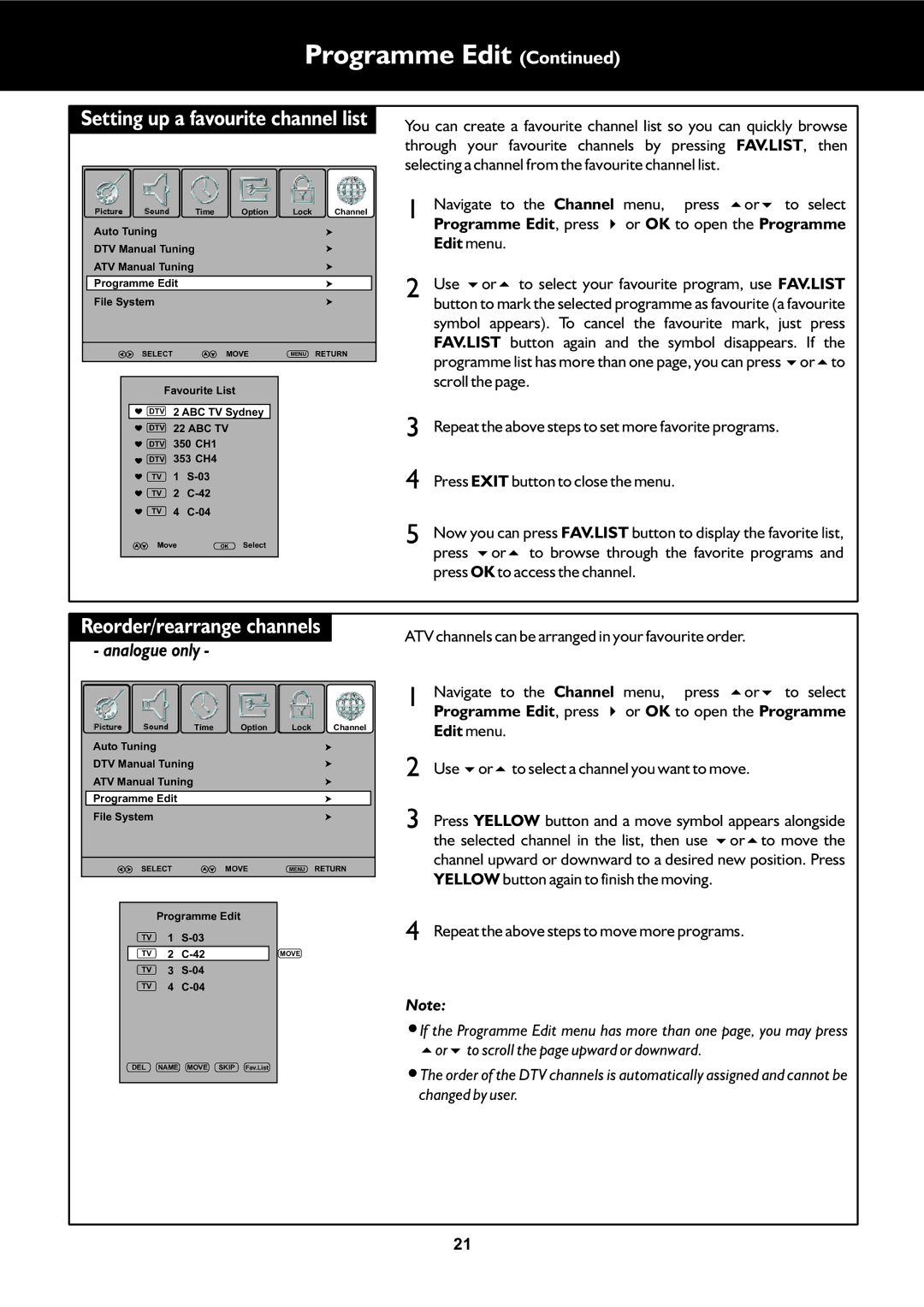 Palsonic TFTV553LEDR Reorder/rearrange channels, Programme Edit, press 4or OK to open the Programme, Edit menu 