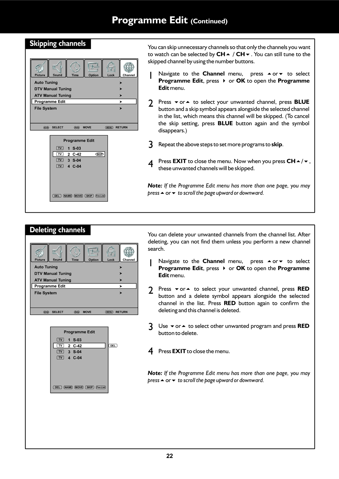 Palsonic TFTV553LEDR owner manual Skipping channels, Deleting channels 