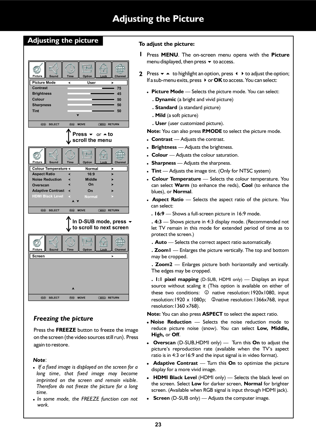 Palsonic TFTV553LEDR owner manual Adjusting the Picture, Adjusting the picture, To adjust the picture, Again to restore 