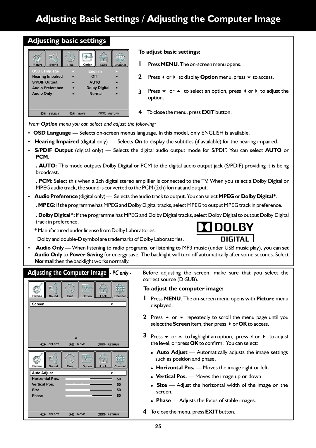 Palsonic TFTV553LEDR owner manual Adjusting Basic Settings / Adjusting the Computer Image, Adjusting basic settings 