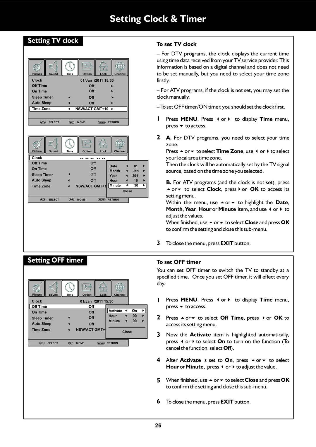 Palsonic TFTV553LEDR Setting Clock & Timer, Setting TV clock, Setting OFF timer, To set TV clock, To set OFF timer 