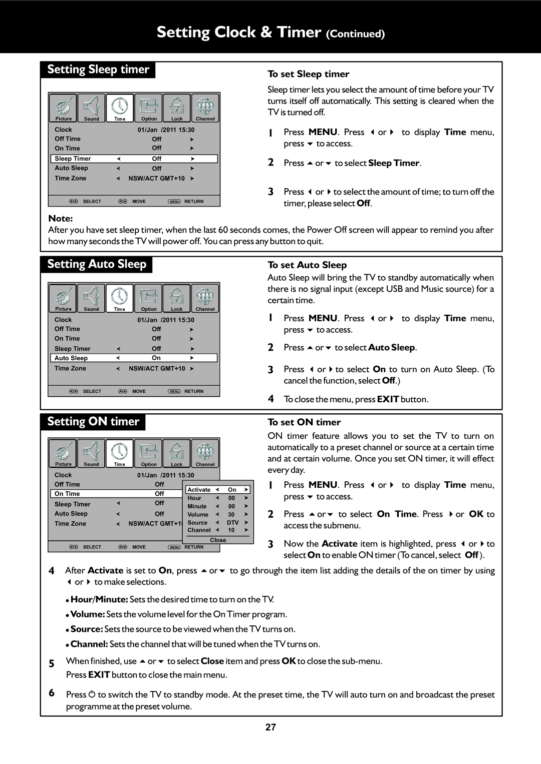 Palsonic TFTV553LEDR Setting Sleep timer, Setting Auto Sleep, Setting on timer, To set Auto Sleep, To set on timer 