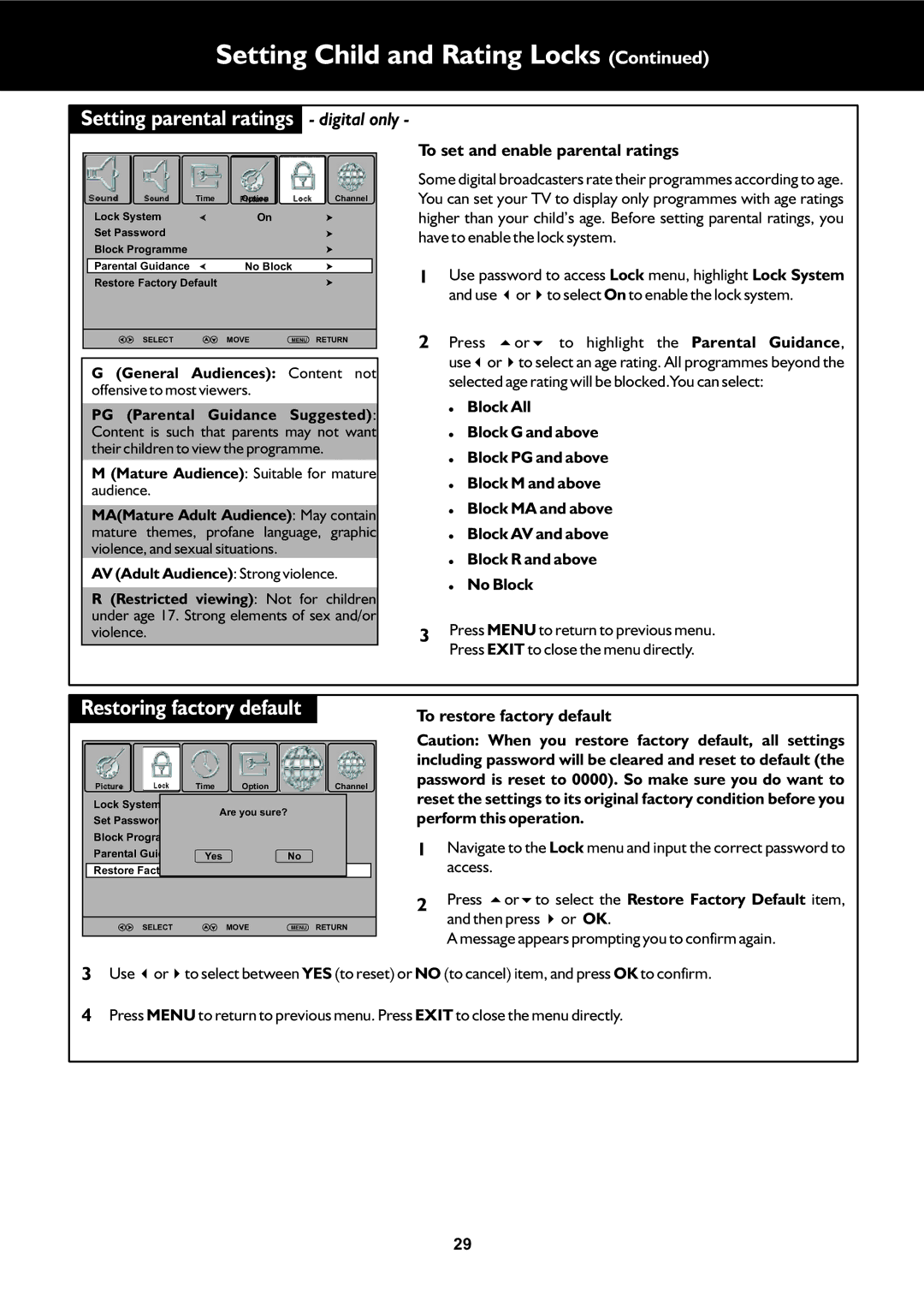 Palsonic TFTV553LEDR owner manual Restoring factory default, Setting parental ratings, To set and enable parental ratings 