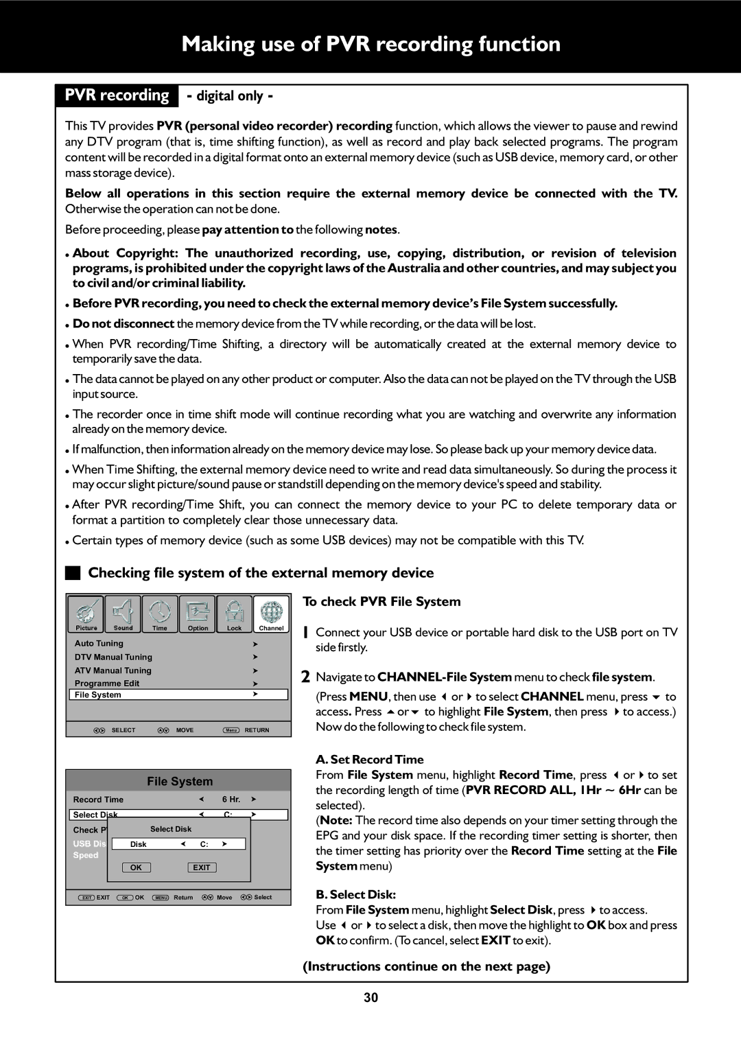 Palsonic TFTV553LEDR owner manual Making use of PVR recording function, Digital only, To check PVR File System 