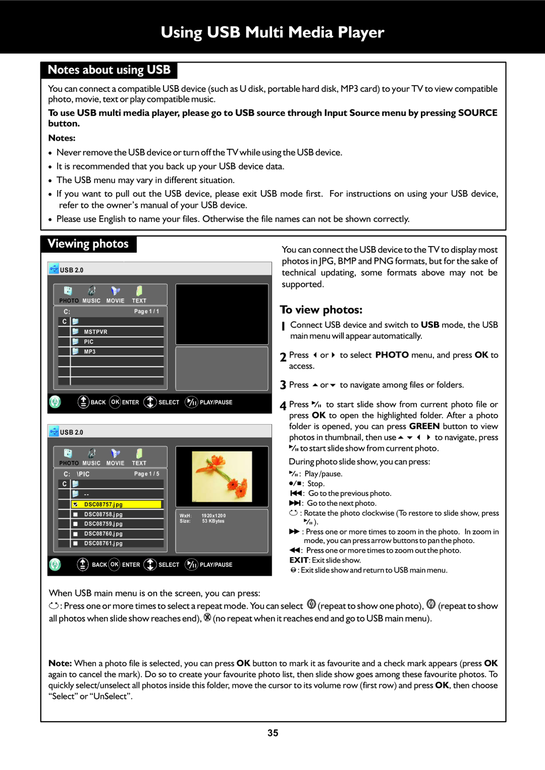 Palsonic TFTV553LEDR Using USB Multi Media Player, Viewing photos, When USB main menu is on the screen, you can press 