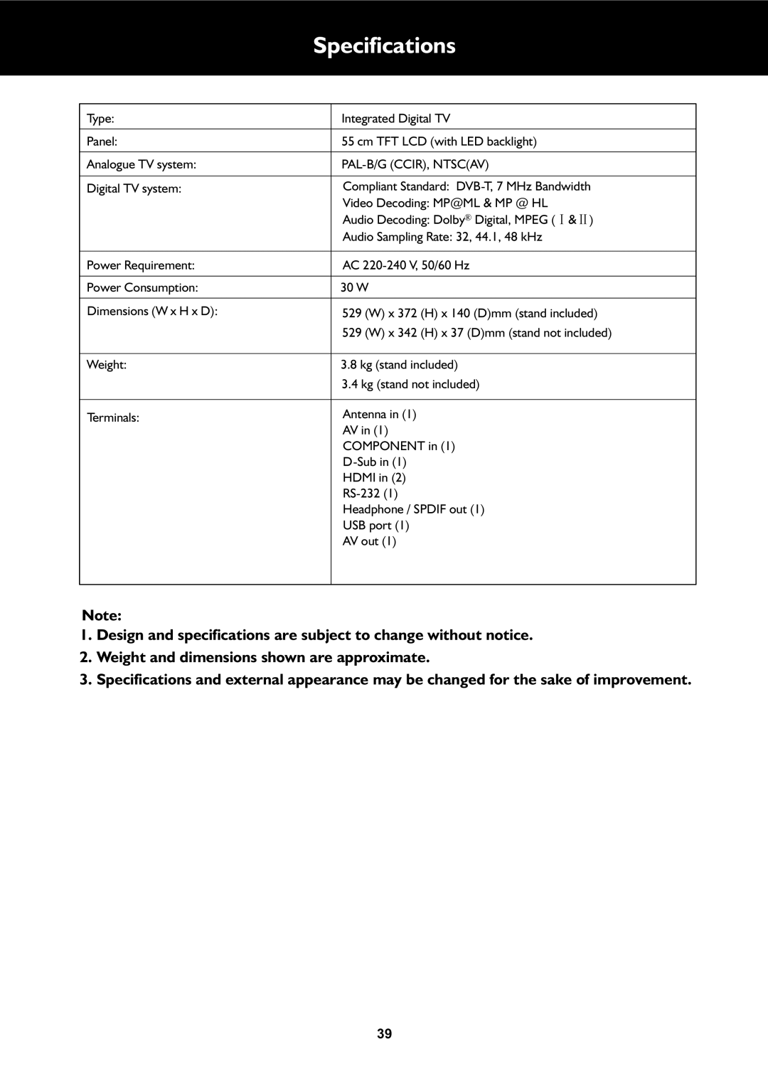 Palsonic TFTV553LEDR owner manual Specifications, PAL-B/G CCIR, Ntscav 