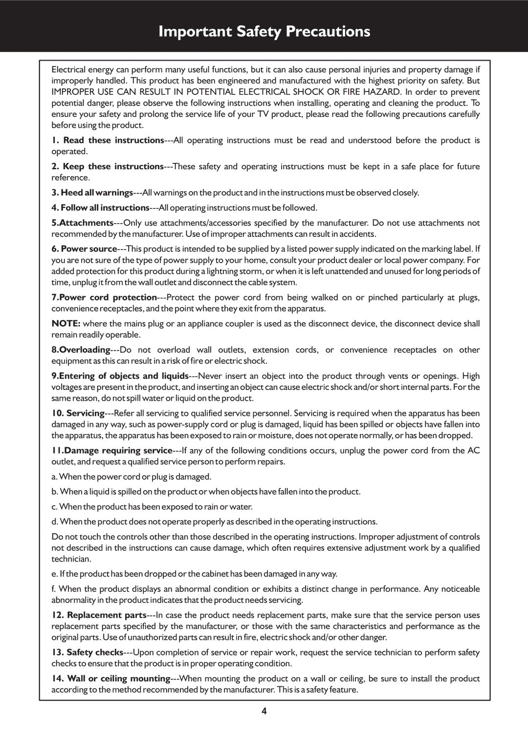 Palsonic TFTV553LEDR owner manual Important Safety Precautions 