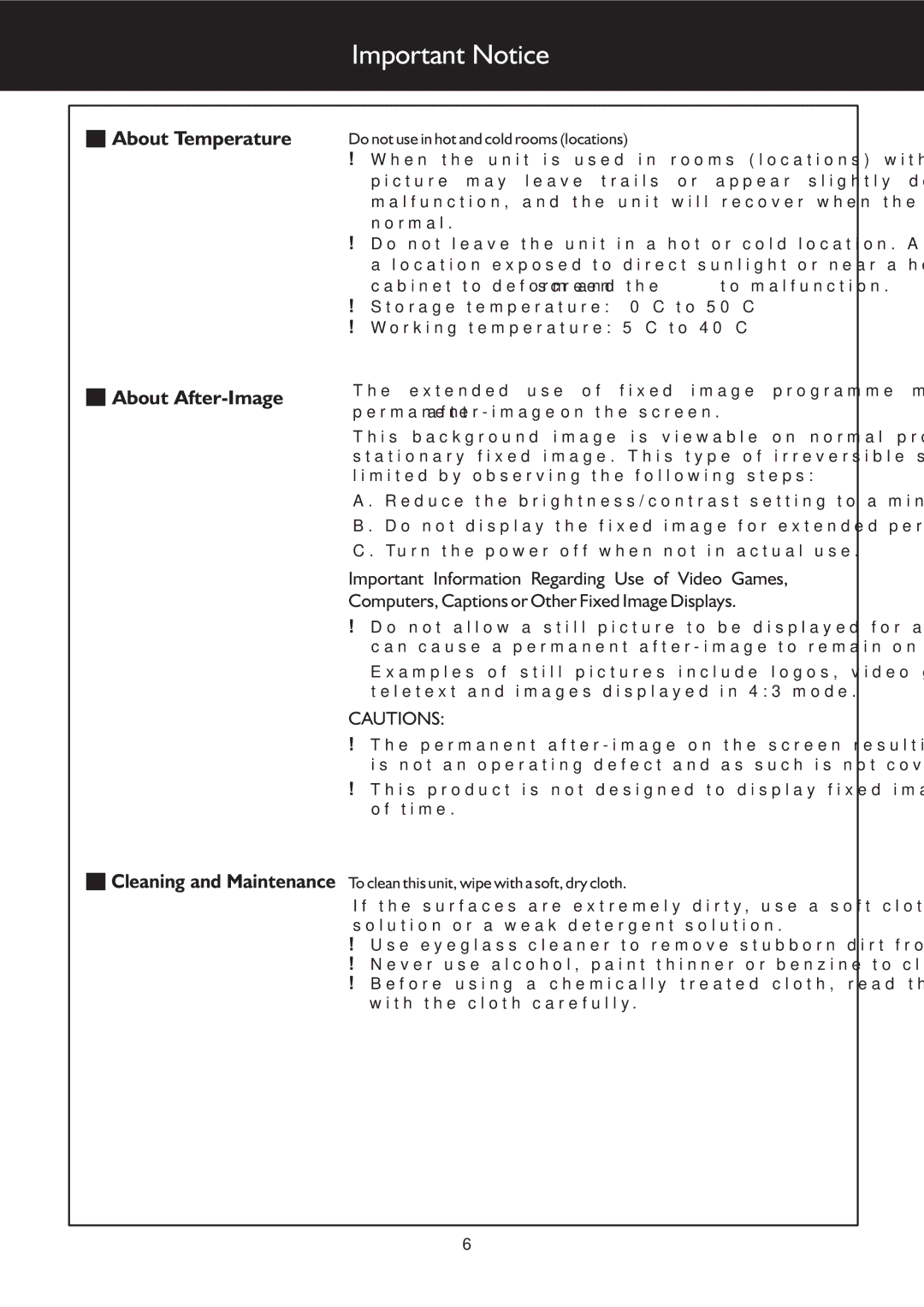 Palsonic TFTV553LEDR owner manual Important Notice, Do not use in hot and cold rooms locations 