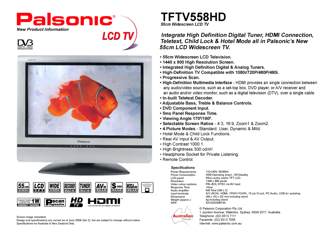 Palsonic TFTV558HD specifications New Product Information, Specifications 