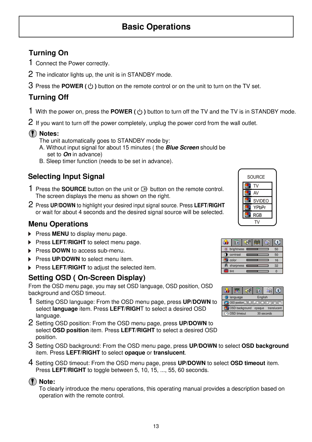 Palsonic TFTV580 owner manual Basic Operations 