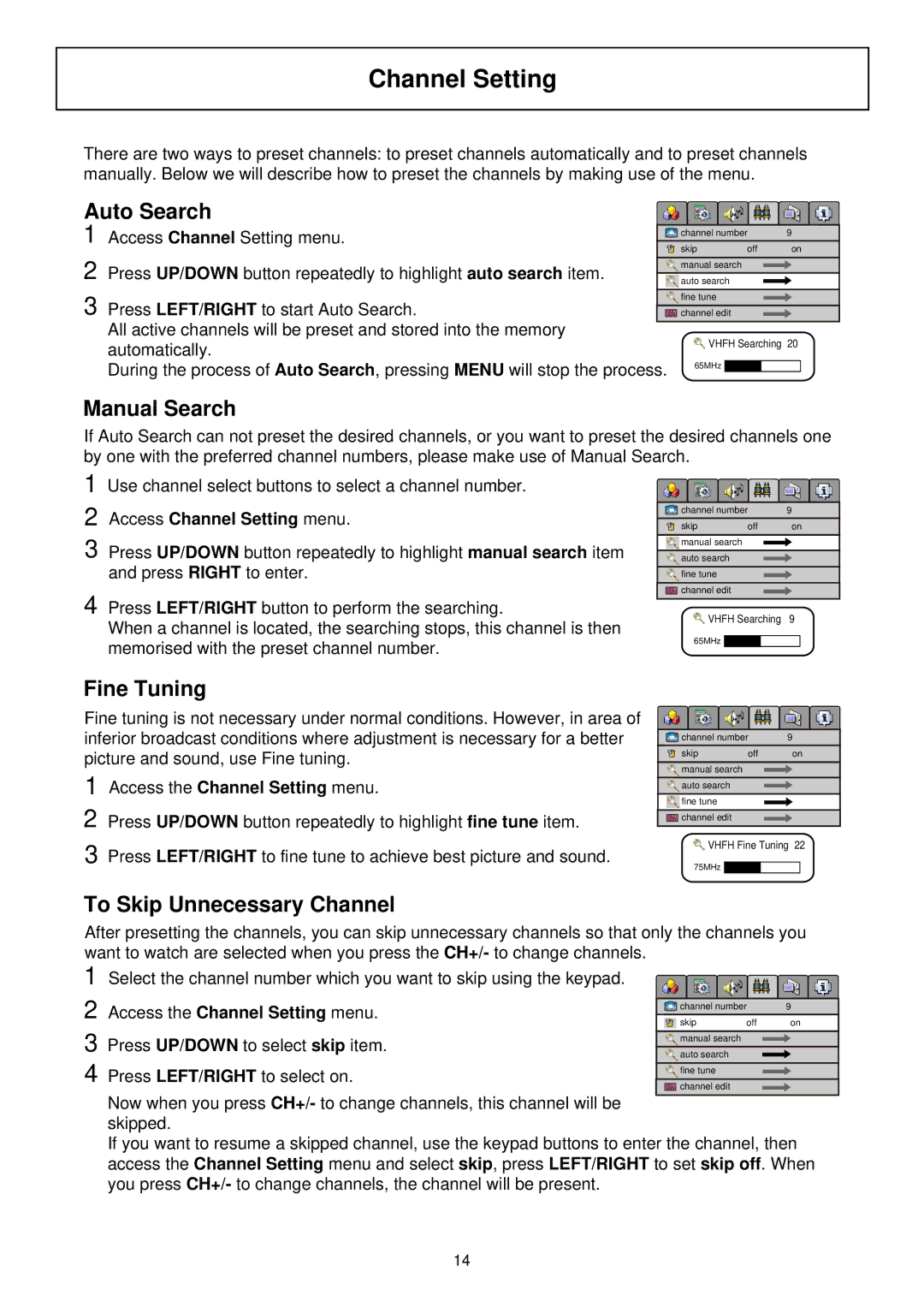 Palsonic TFTV580 owner manual Channel Setting, Auto Search, Manual Search, Fine Tuning, To Skip Unnecessary Channel 