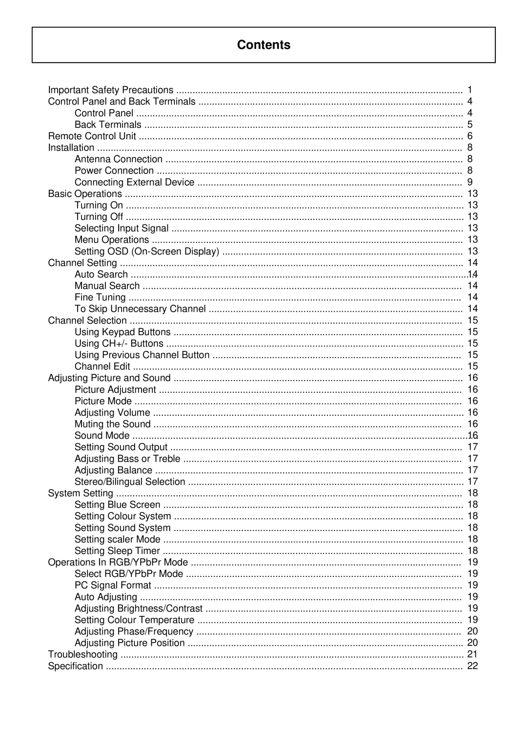 Palsonic TFTV580 owner manual Contents 