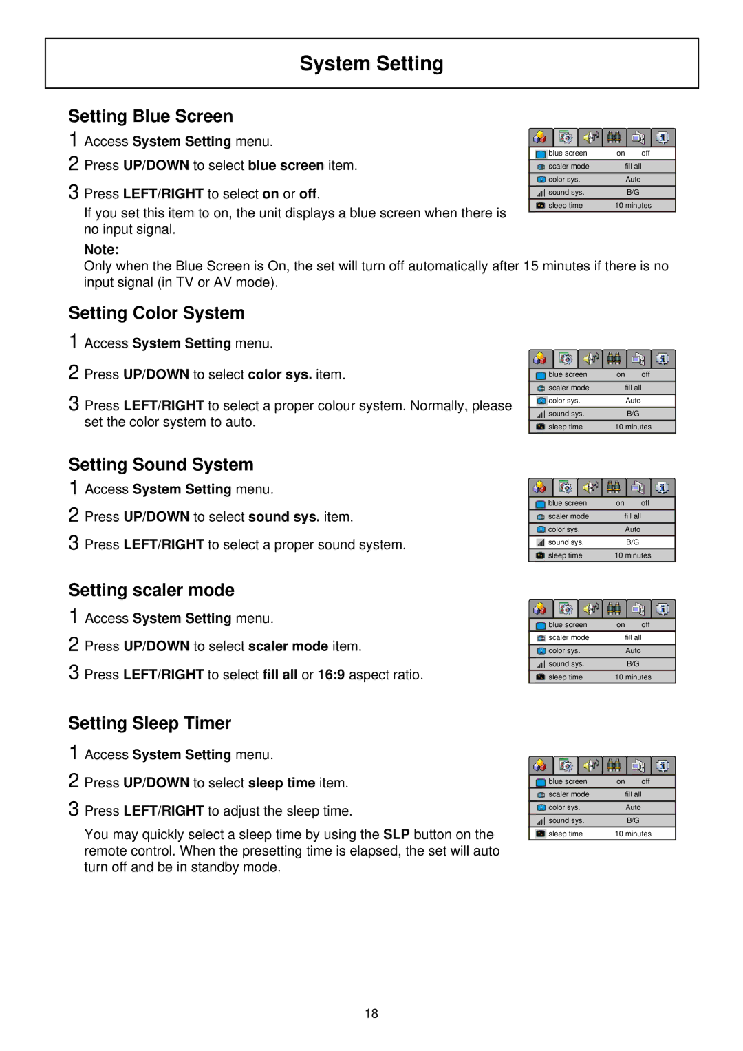 Palsonic TFTV580 owner manual Setting Color System, Setting Sound System, Setting scaler mode, Setting Sleep Timer 