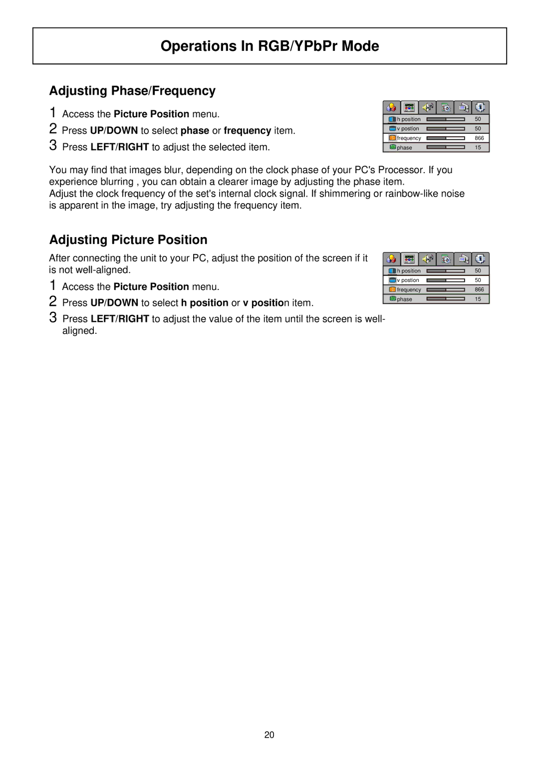 Palsonic TFTV580 owner manual Adjusting Phase/Frequency, Adjusting Picture Position, Access the Picture Position menu 